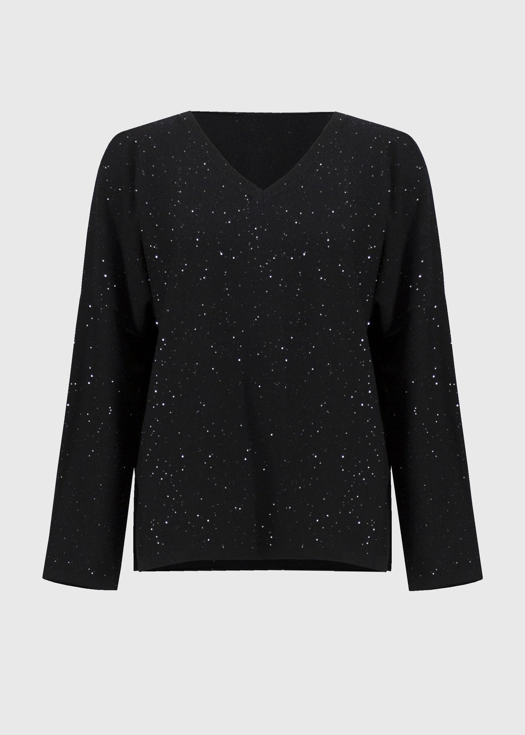Front view of plus size Joseph Ribkoff V-Neck Sequin Knit Boxy Sweater in Black