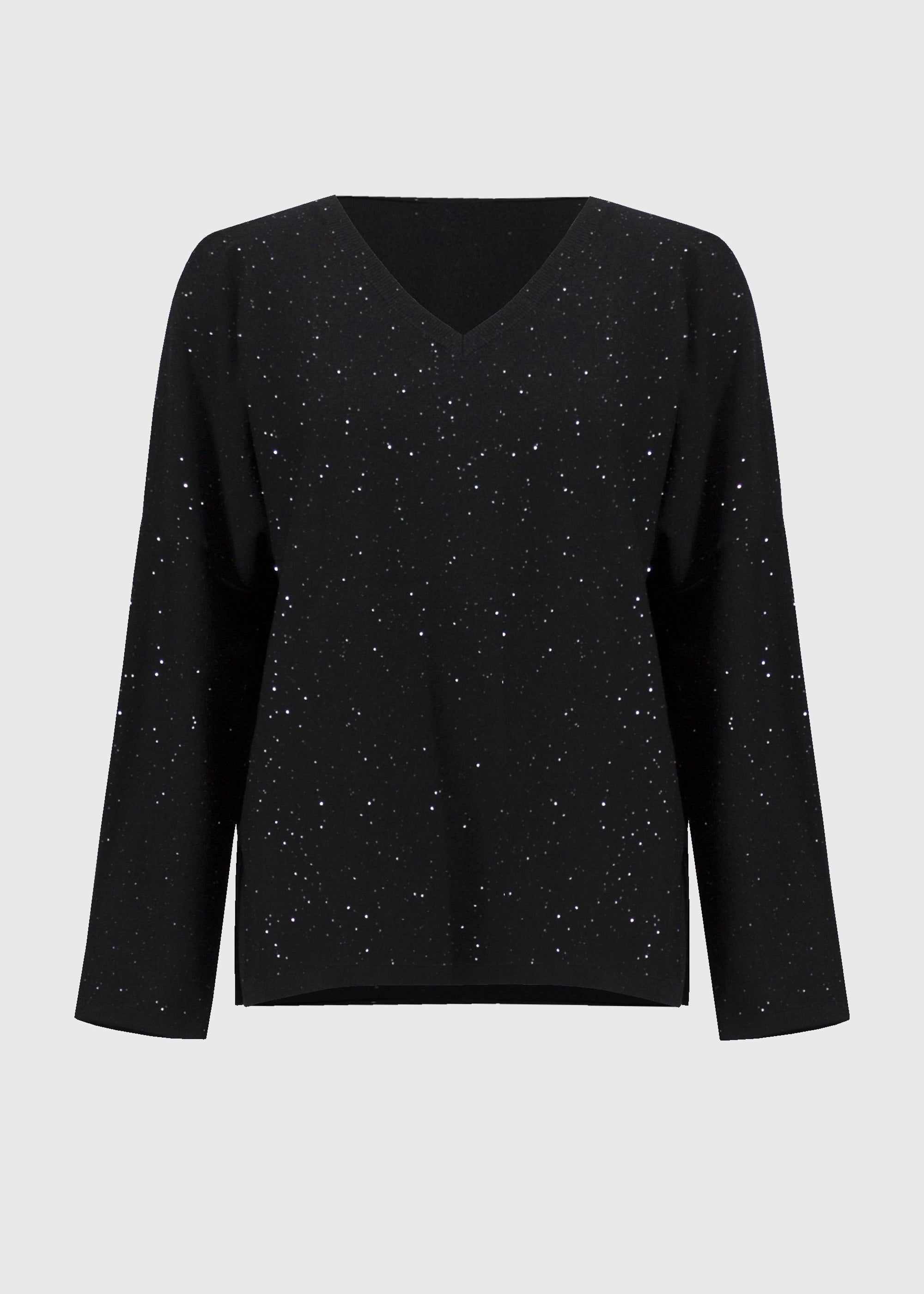 Front view of plus size Joseph Ribkoff V-Neck Sequin Knit Boxy Sweater in Black