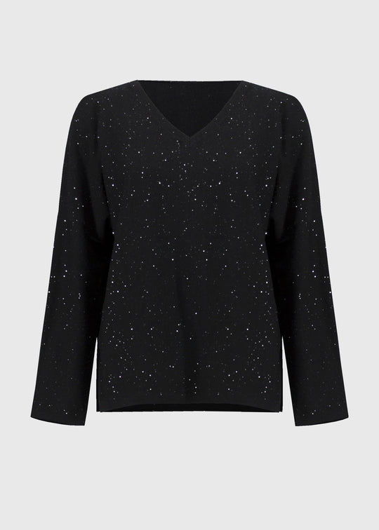 Front view of plus size Joseph Ribkoff V-Neck Sequin Knit Boxy Sweater in Black