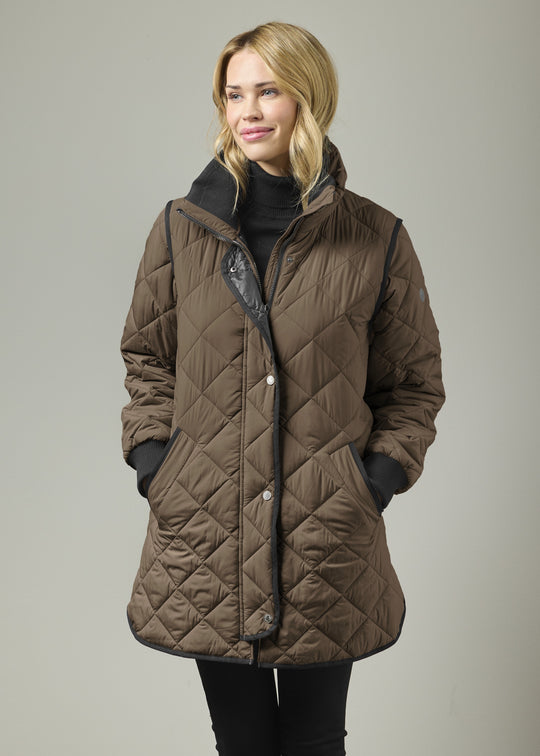 Mocha quilted knee-length coat with knit collar, front zip, and black storm cuffs