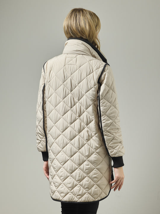 Almond quilted knee-length coat with curved hem, front zip, contrast trim, knit storm cuffs