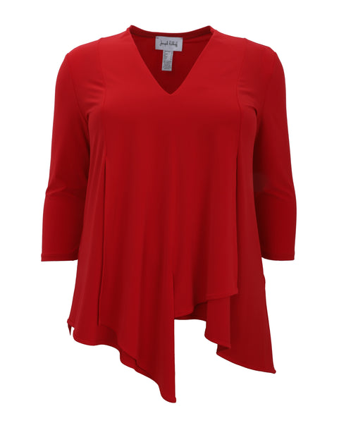 Joseph Ribkoff Asymmetrical 3/4 Sleeve V-neck Tunic in Lipstick Red