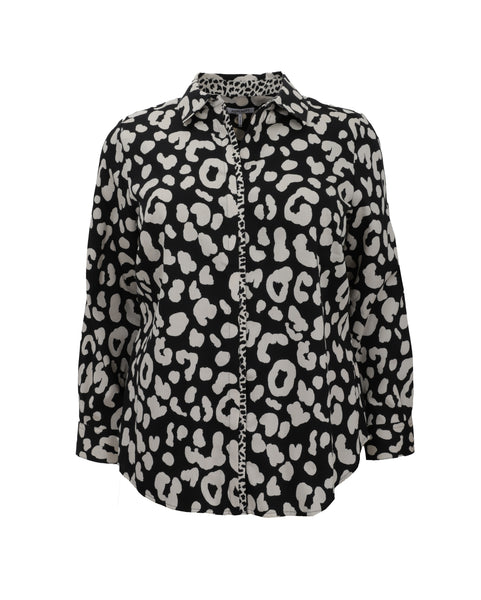 Foxcroft Charlie Paw Print Cotton Sateen Shirt in Silver/Black