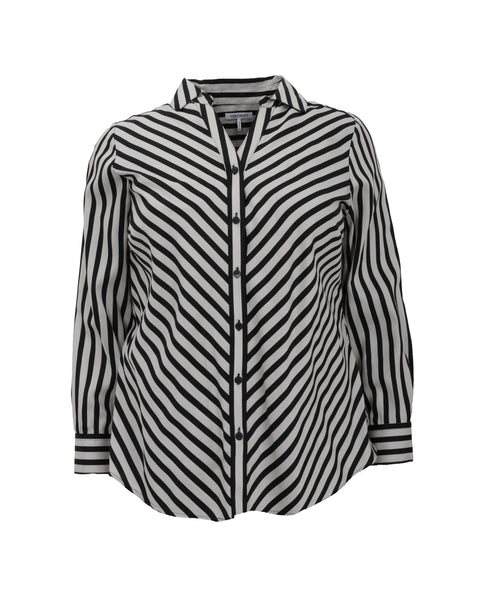 Foxcroft Mary bias Striped Cotton Shirt with Plaid Contrast in Silver Birch/Blk