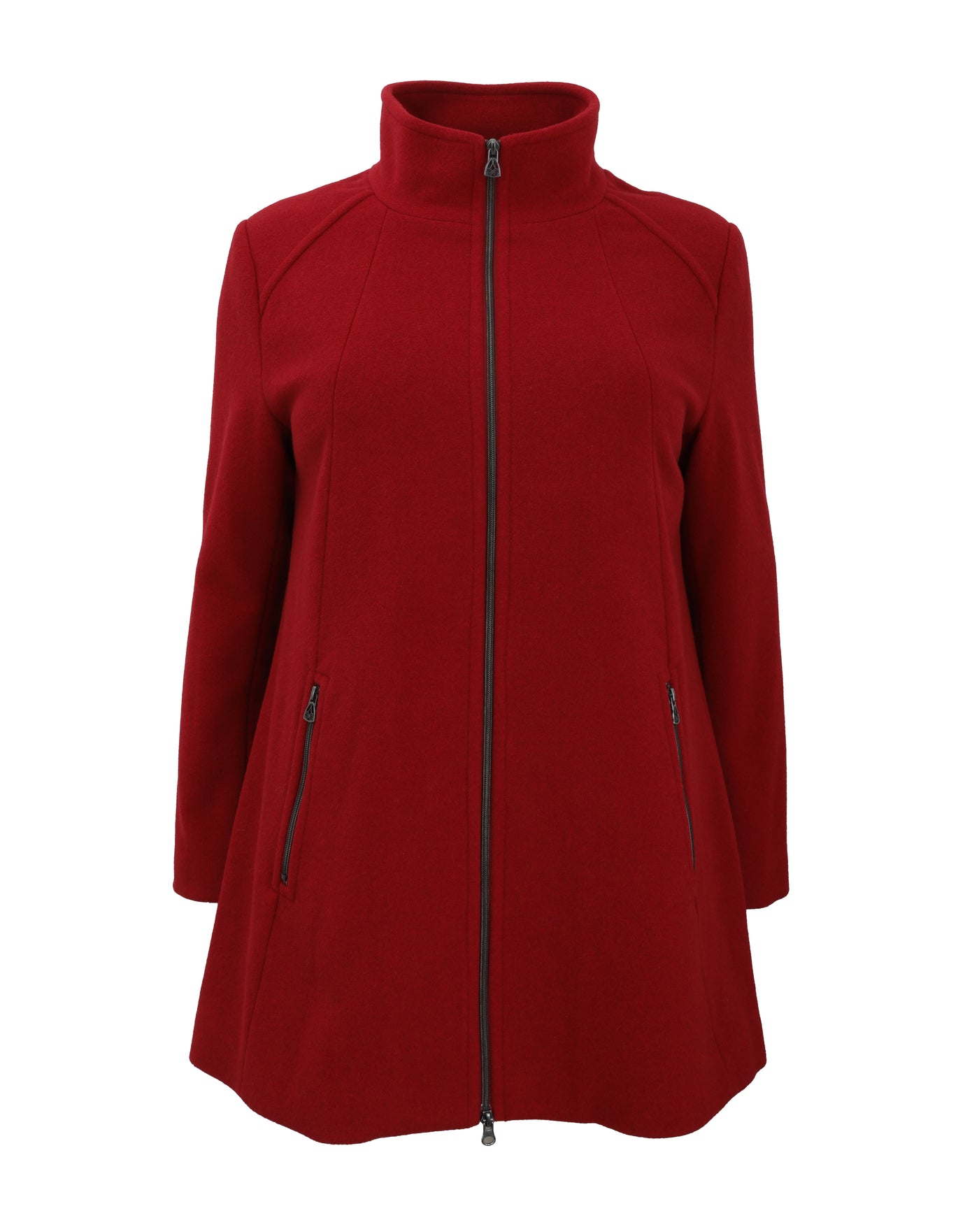 Junge Zip Front A-Line Cloth Coat with Zip Pockets and Stand Collar in Rust