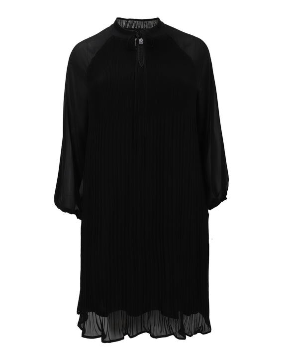 Samoon Plisse Ruffle Long Sleeve Dress with Sheer Sleeve in Black