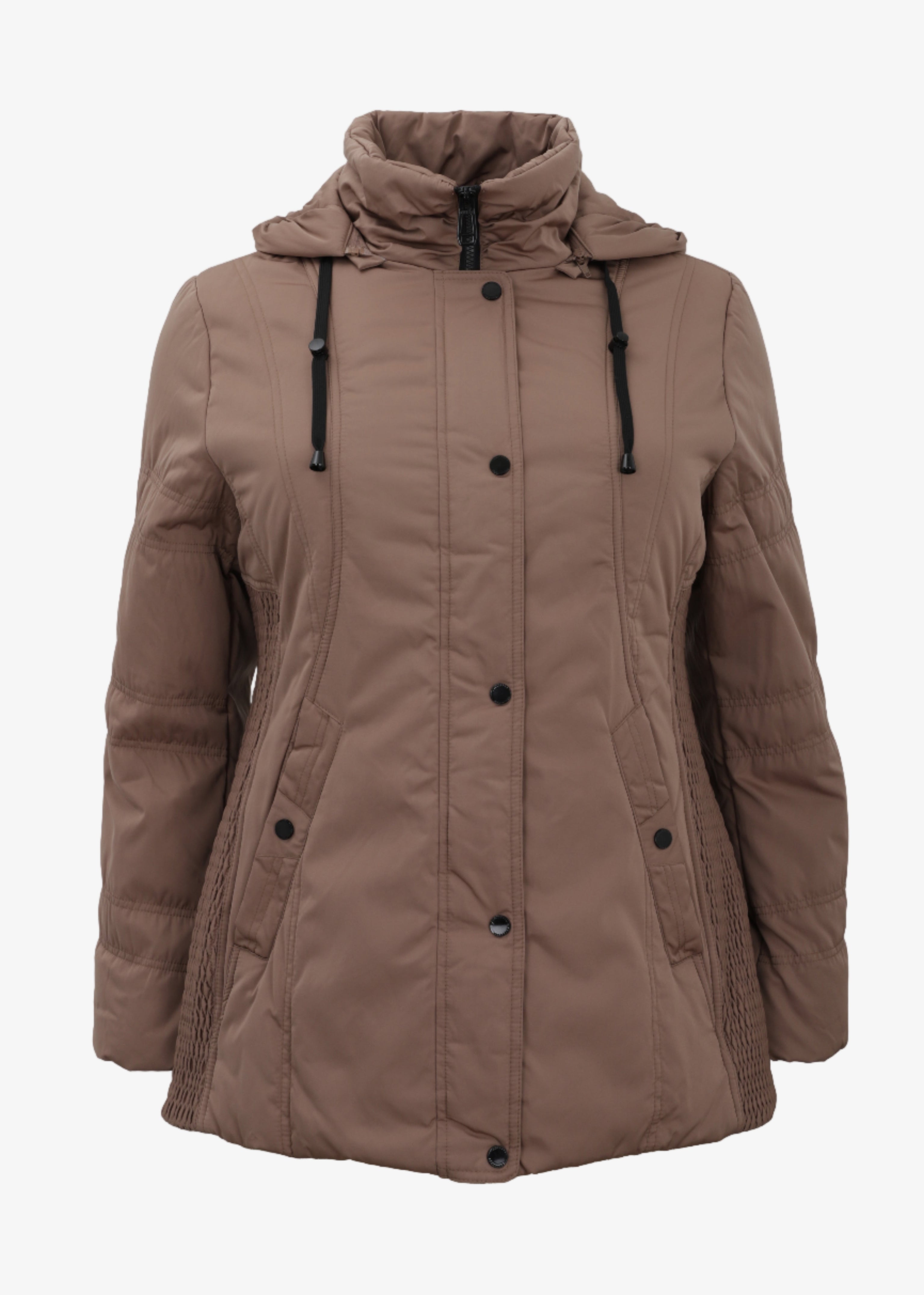 A quilted coat in pine bark color with a hood and button closures, made of technical down fabric.