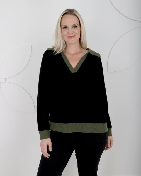 Lisa Todd Polo Pop Luxury Cashmere Sweater with Heart Elbow Detail in Onyx