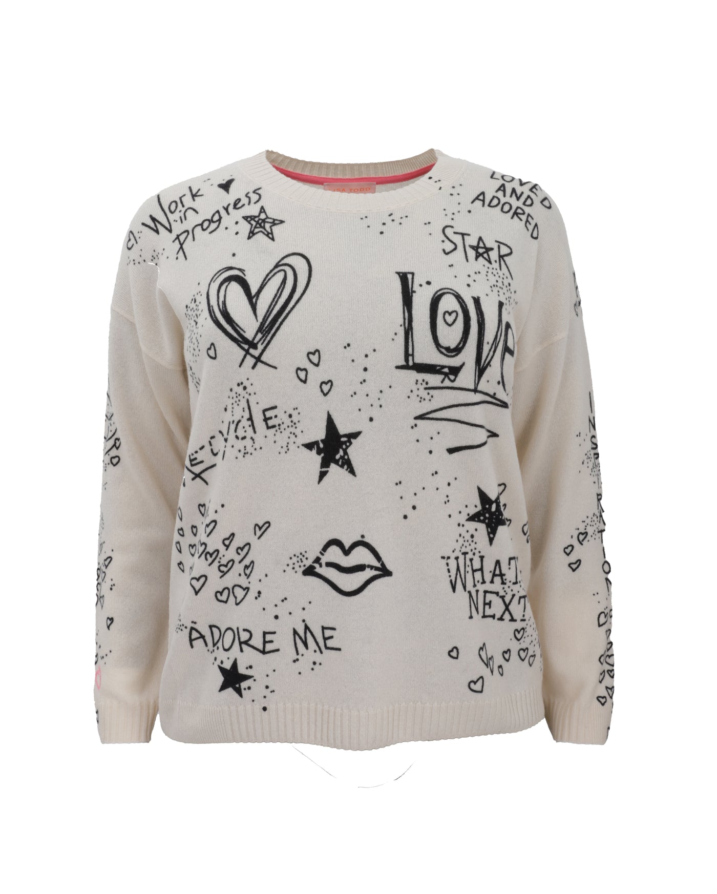 Lisa Todd The Messenger Luxury Cashmere Love Graffiti Sweater in Frosting