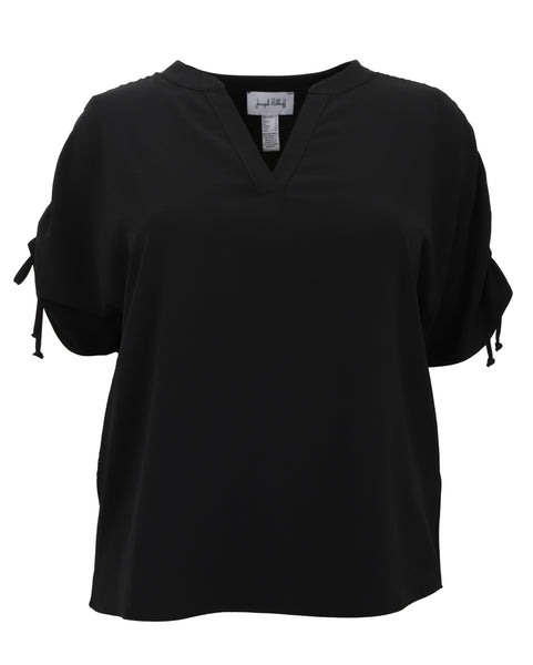 Joseph Ribkoff V-Neck Boxy Top with Rouched Sleeve in Black