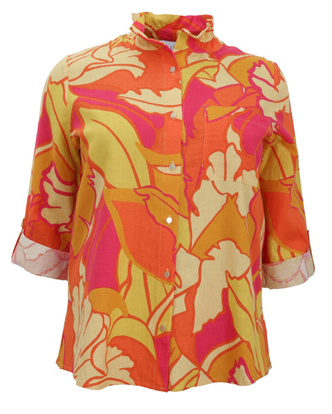 Joseph Ribkoff Linen Viscose Blend Floral Print Blouse with Stand Collar and Pleat Back