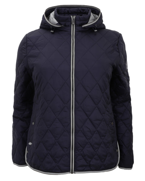 Junge Quilted Curved Bottom Zip Front Hooded Puffer in Navy