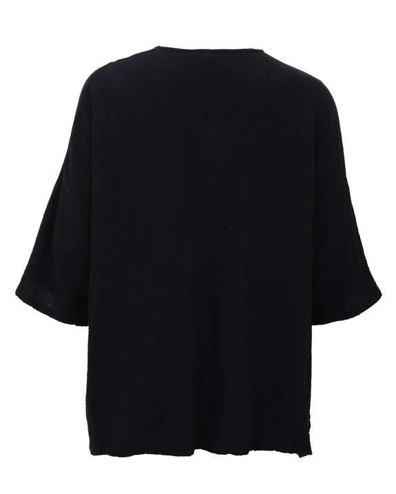Bryn Walker Cotton Gauze V-Neck Bax Shirt with Elbow Sleeve in Black