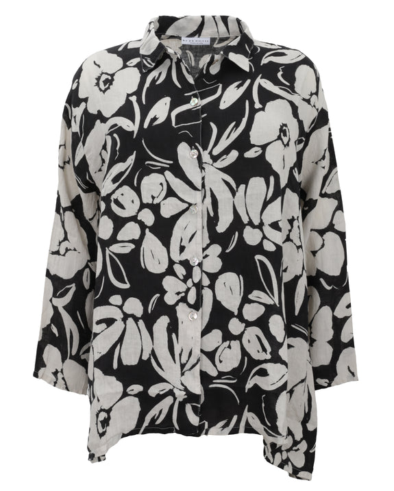 Bryn Walker Fiore Floral Print Button Front Mirren Shirt in Tapioca Black Print