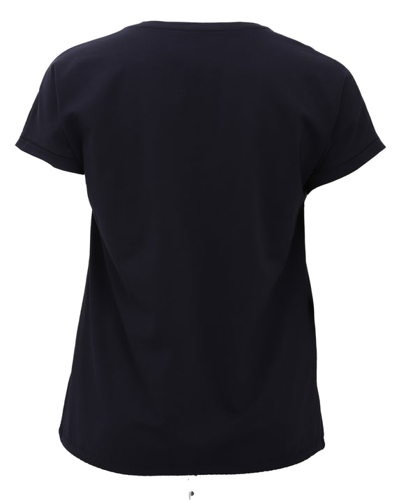 I'Cona Striped Extended Shoulder Tee with Drawstring Hem in Navy