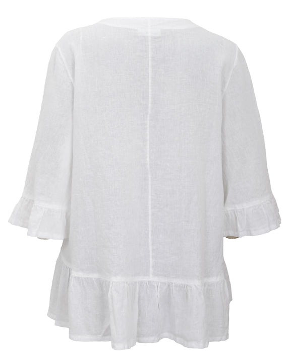 Bryn Walker Light Linen V-Neck Layla Top with Ruffle Cuff and Hem in White