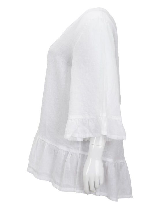 Bryn Walker Light Linen V-Neck Layla Top with Ruffle Cuff and Hem in White