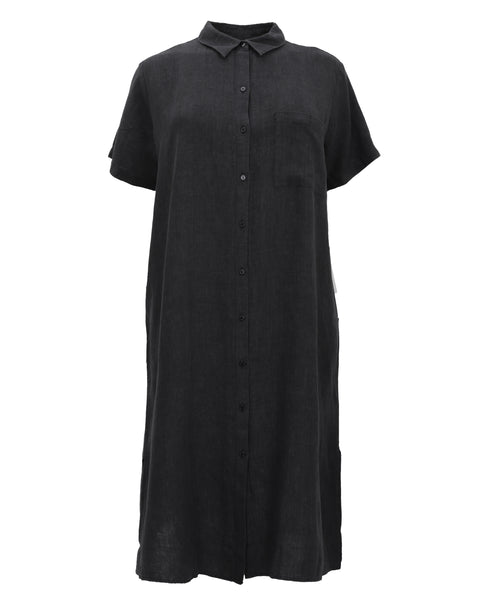 Eileen Fisher Washed Organic Linen Delave Classic Collar Short Sleeve Shirtdress in Graphite