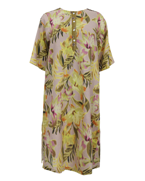 Alembika Lilly Print Long Linen Dress with Elbow Sleeve