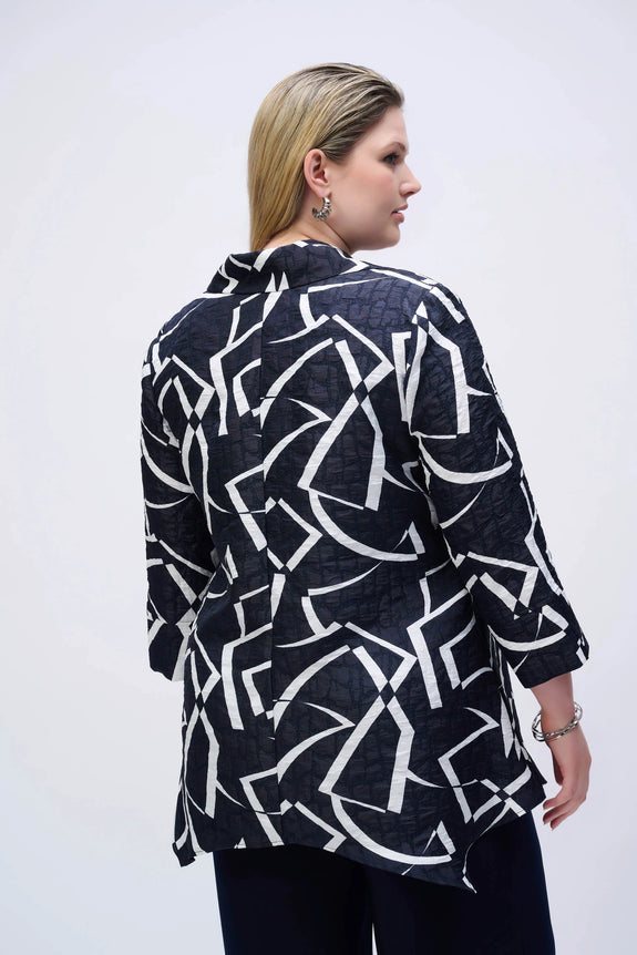 Joseph Ribkoff Jacquard Abstract Print Handkerchief Jacket in Midnight/Vanilla