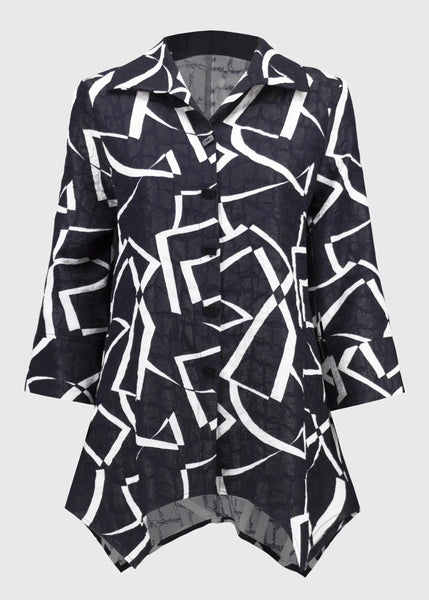 front view of plus size Joseph Ribkoff Jacquard Abstract Print Handkerchief Jacket in Midnight/Vanilla