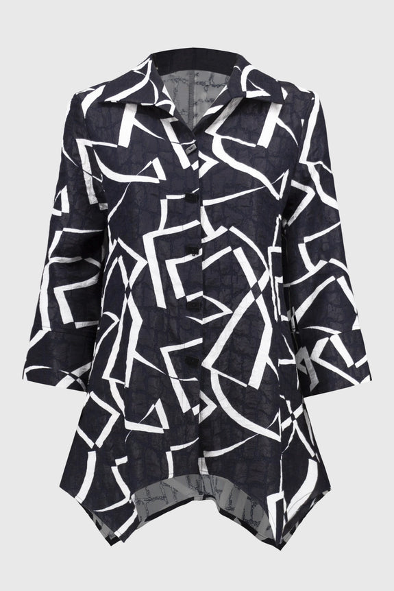 Joseph Ribkoff Jacquard Abstract Print Handkerchief Jacket in Midnight/Vanilla