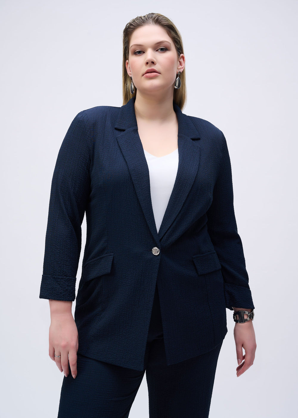 front view of plus size Joseph Ribkoff Seersucker Straight Blazer in Midnight