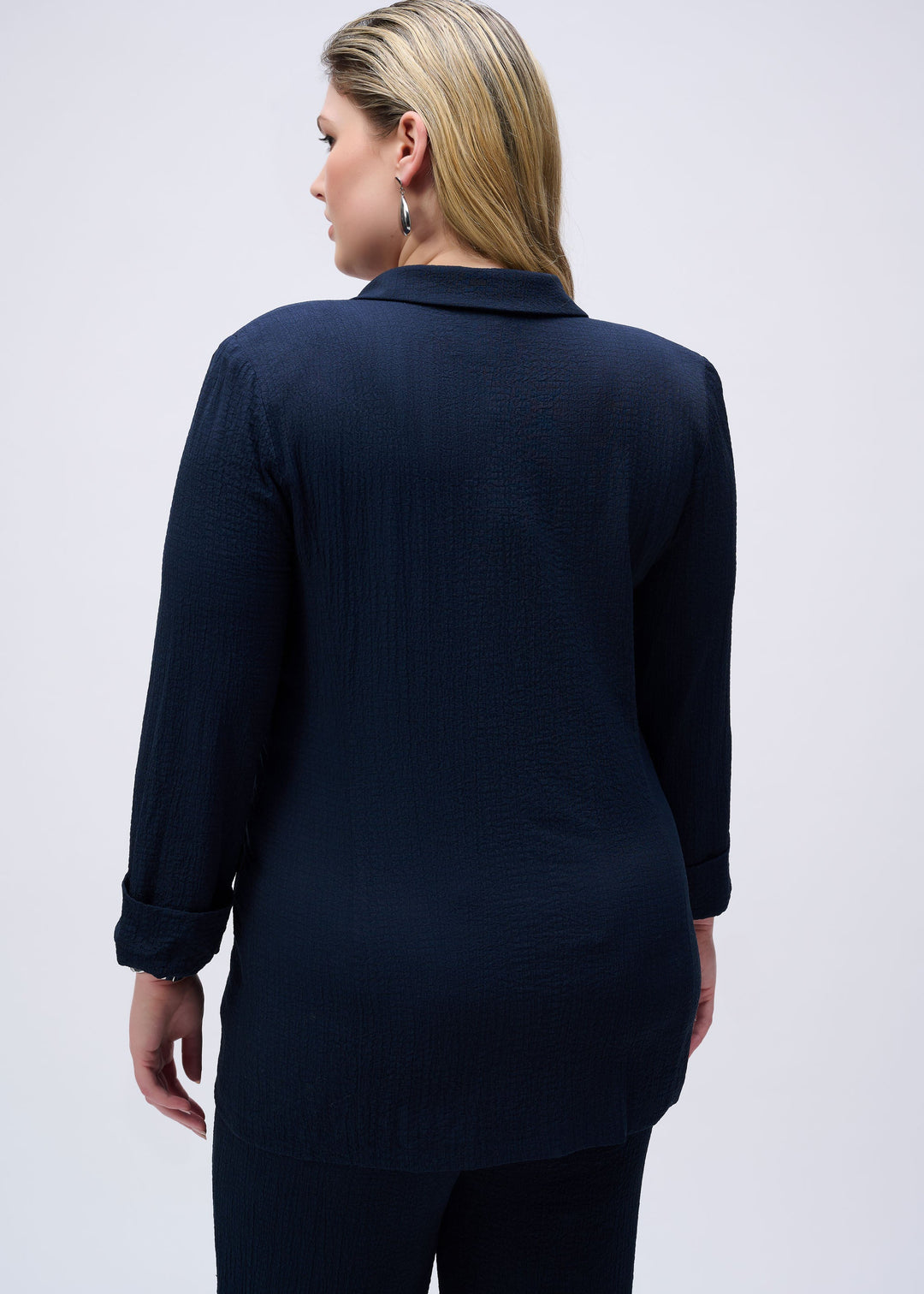 back view of plus size Joseph Ribkoff Seersucker Straight Blazer in Midnight