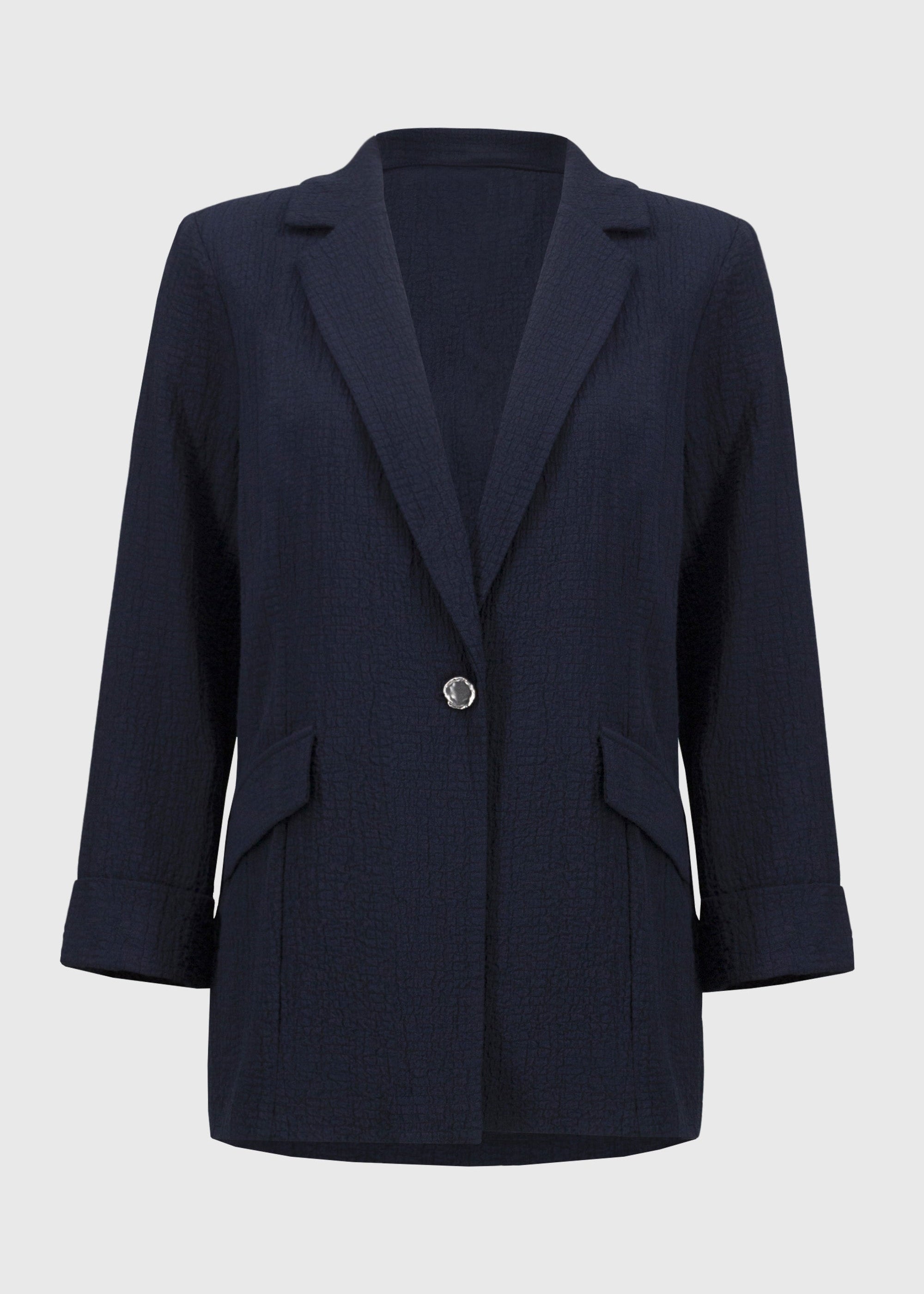 front view of plus size Joseph Ribkoff Seersucker Straight Blazer in Midnight