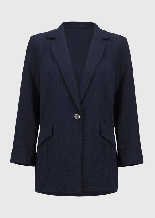 front view of plus size Joseph Ribkoff Seersucker Straight Blazer in Midnight