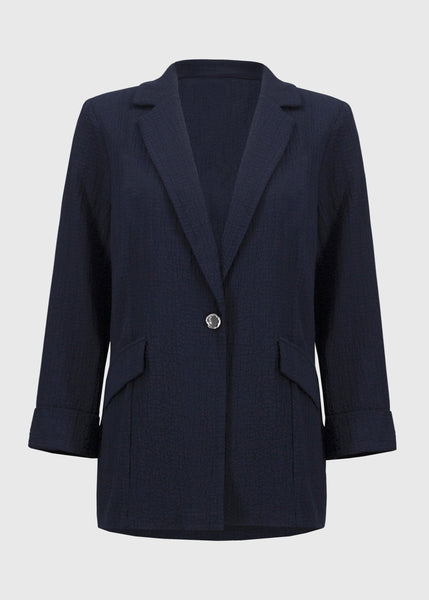 front view of plus size Joseph Ribkoff Seersucker Straight Blazer in Midnight