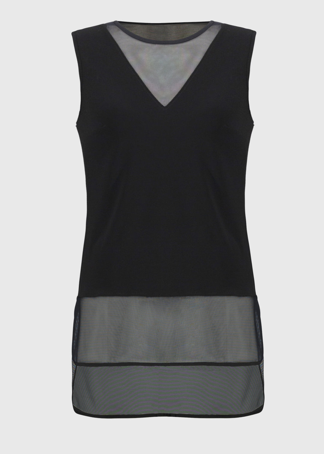 front view of plus size Joseph Ribkoff Silky Knit and Mesh Tank Top with Curved Hem in Black