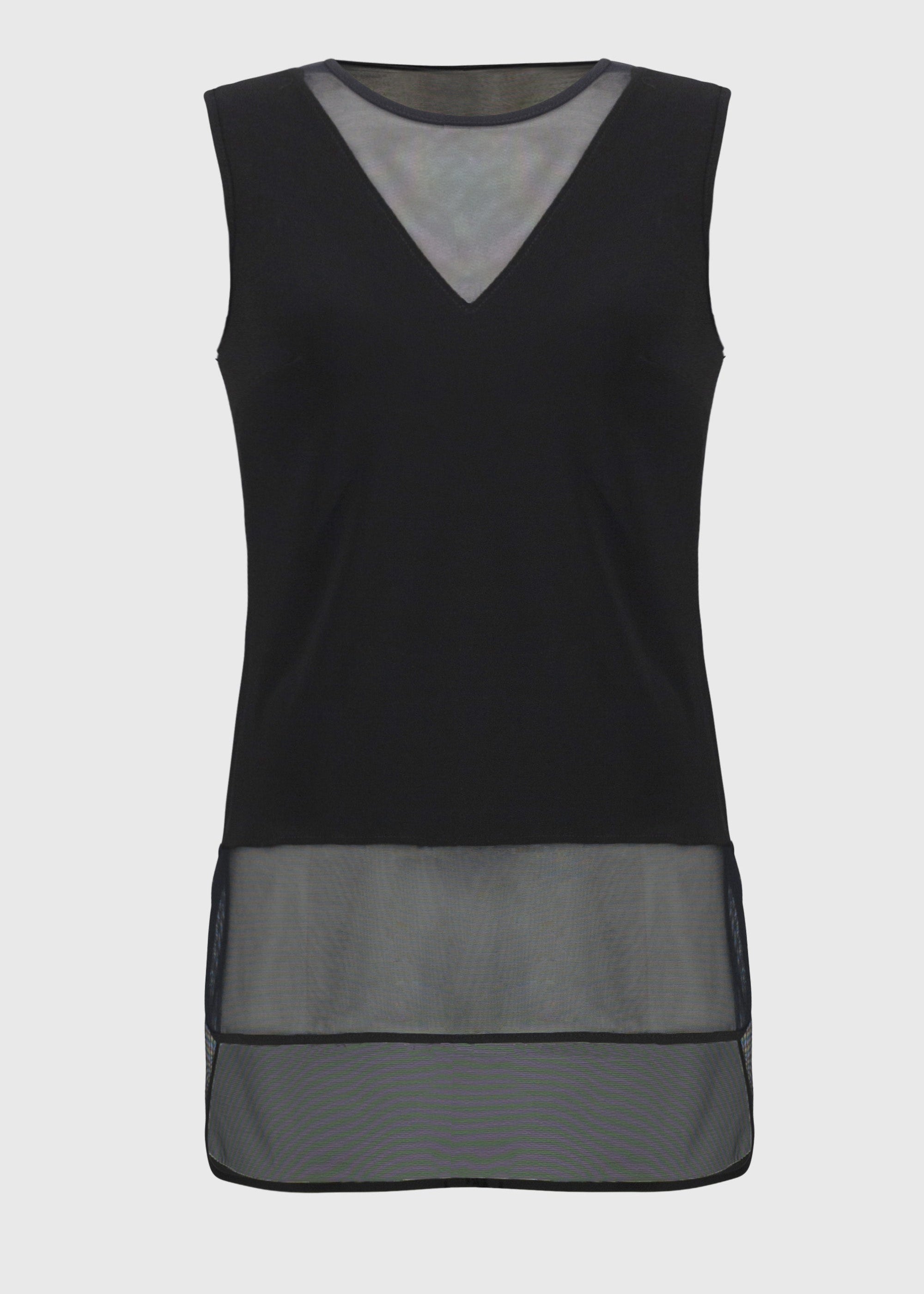 front view of plus size Joseph Ribkoff Silky Knit and Mesh Tank Top with Curved Hem in Black