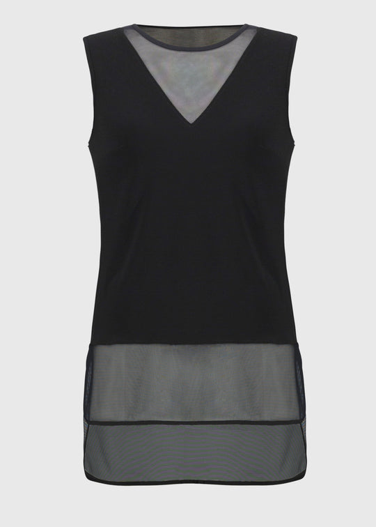 front view of plus size Joseph Ribkoff Silky Knit and Mesh Tank Top with Curved Hem in Black