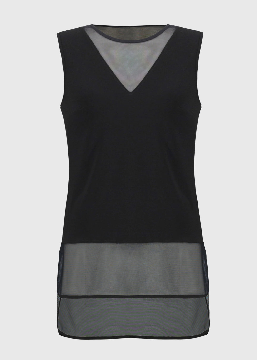Black sleeveless top with mesh panels on a light gray background