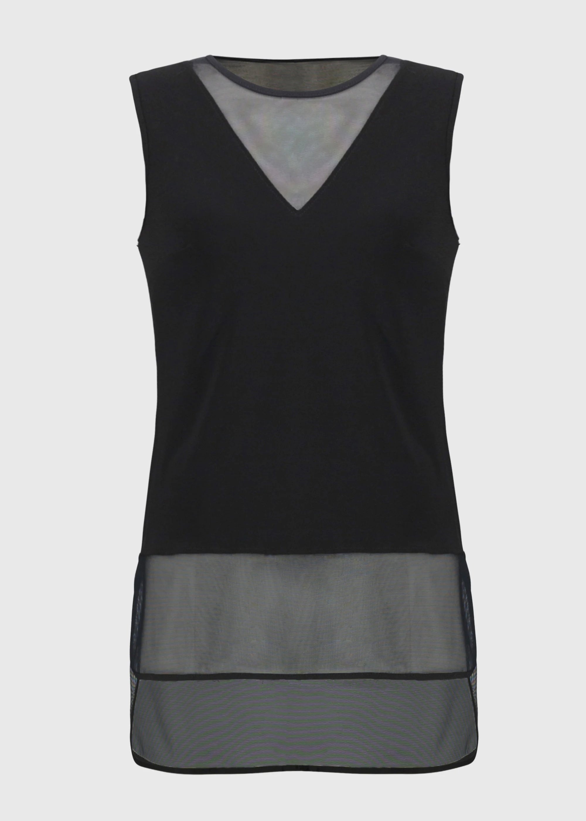 Black sleeveless top with mesh panels on a light gray background