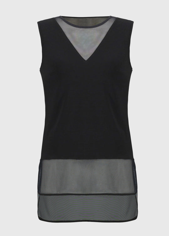 Black sleeveless top with mesh panels on a light gray background