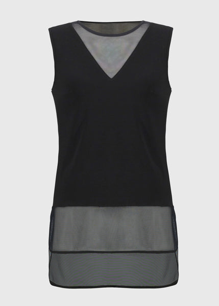 Black sleeveless top with mesh panels on a light gray background