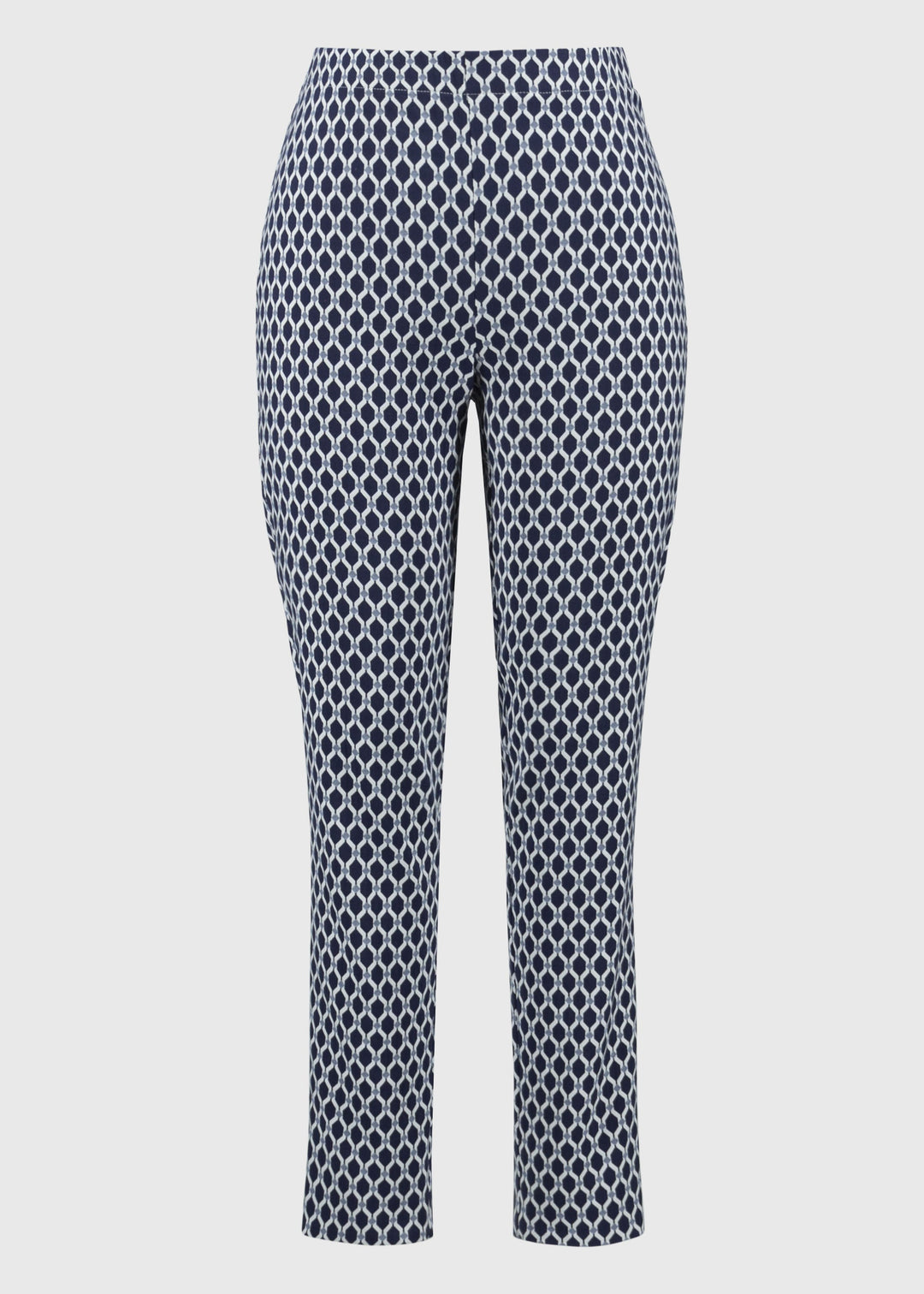 front view of plus size Joseph Ribkoff Jacquard Geo Print Slim Leg Pant in Blue/Wht