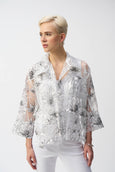 Joseph Ribkoff Organza Print Floral Boxy Coverup Cardigan in White/Black