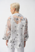 Joseph Ribkoff Organza Print Floral Boxy Coverup Cardigan in White/Black