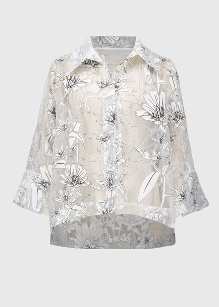 front view of plus size Joseph Ribkoff Organza Print Floral Boxy Coverup Cardigan in White/Black