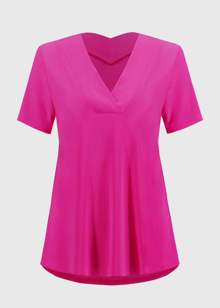 front view of plus size Joseph Ribkoff Silky Knit Flared V-Neck Short Sleeve top in Geranium