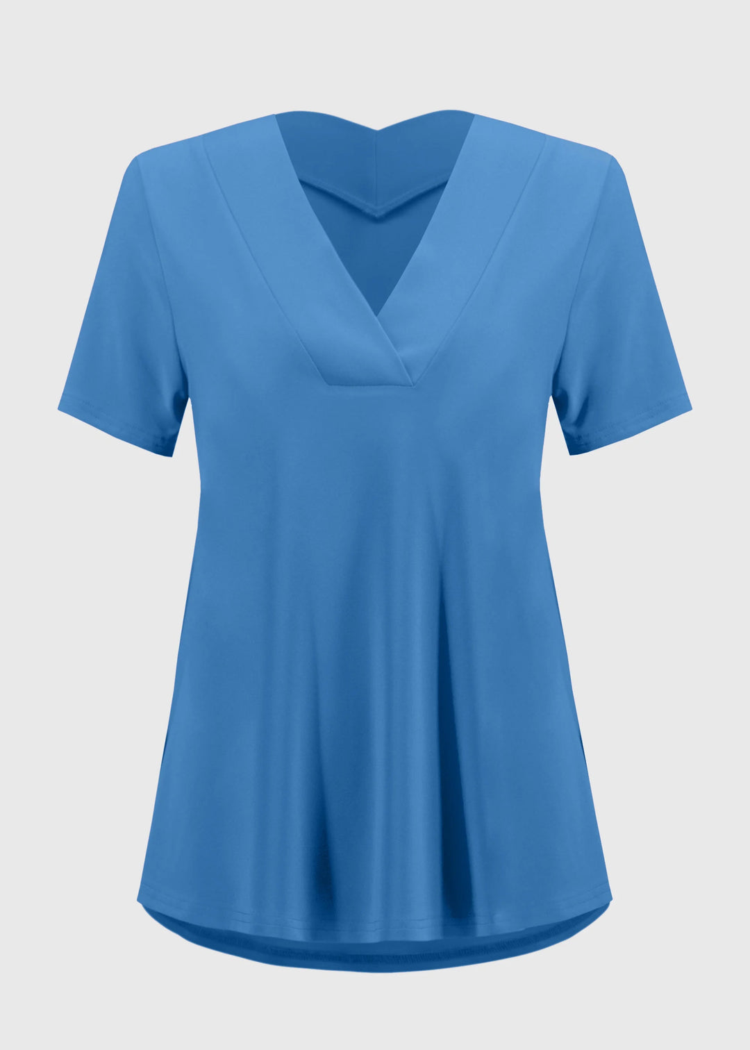 front view of plus size Joseph Ribkoff Silky Knit Flared V-Neck Short Sleeve top in Coastal Blue