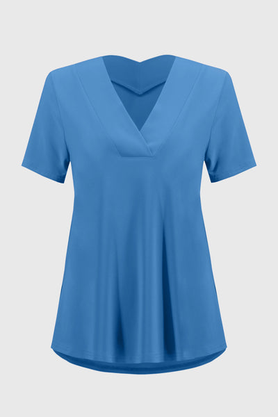 Joseph Ribkoff Silky Knit Flared V-Neck Short Sleeve top in Coastal Blue