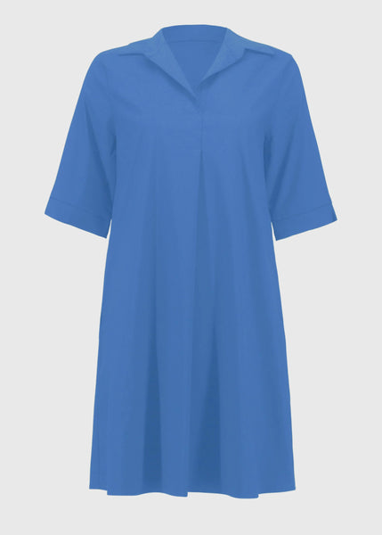 front view of plus size Joseph Ribkoff Stretch Poplin Trapeze Dress in Coastal Blue