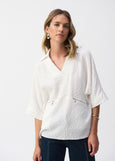 front view of plus size Joseph Ribkoff Seersucker Boxy Hi-Lo top in White