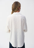 back view of plus size Joseph Ribkoff Seersucker Boxy Hi-Lo top in White