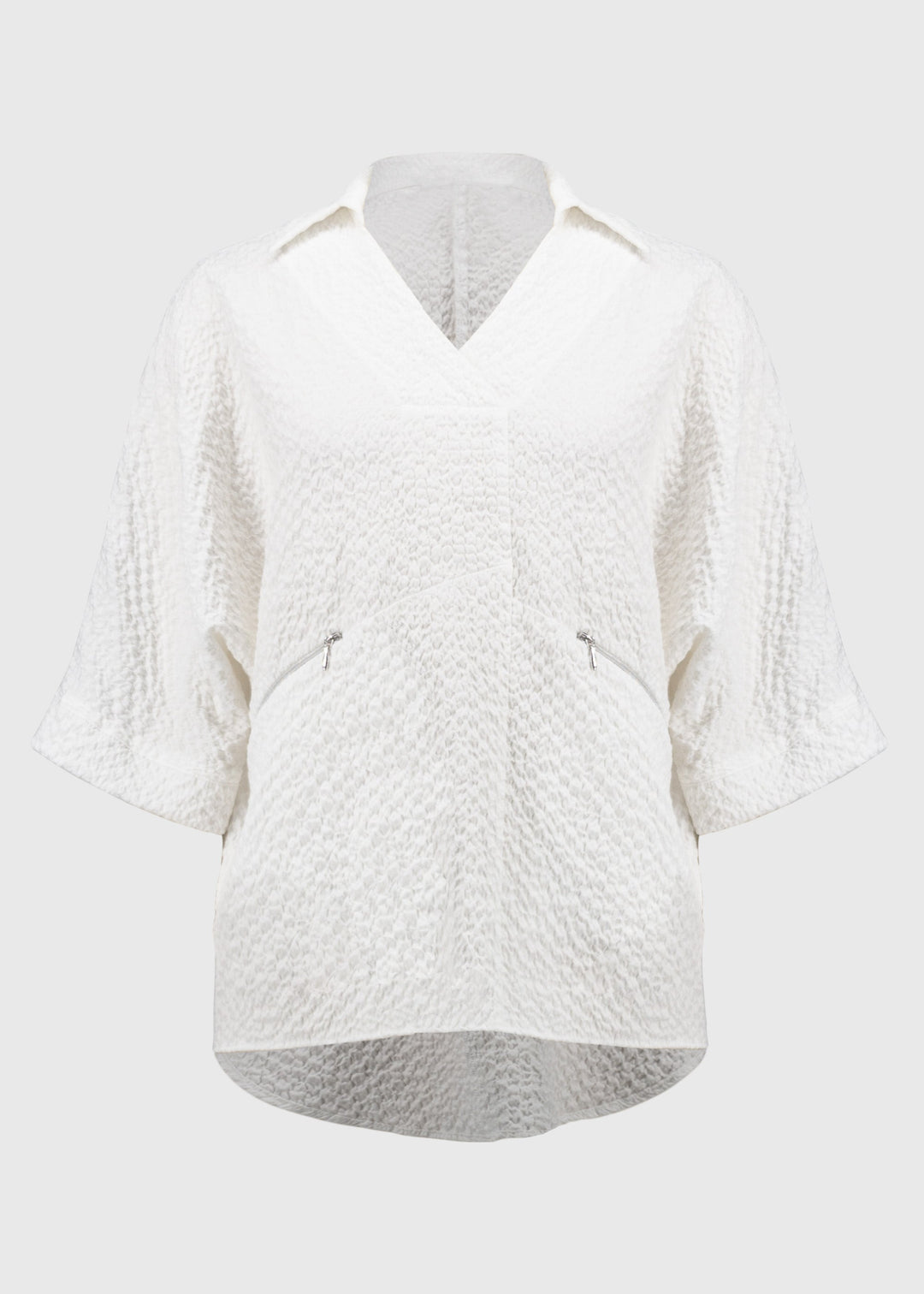 front view of plus size Joseph Ribkoff Seersucker Boxy Hi-Lo top in White