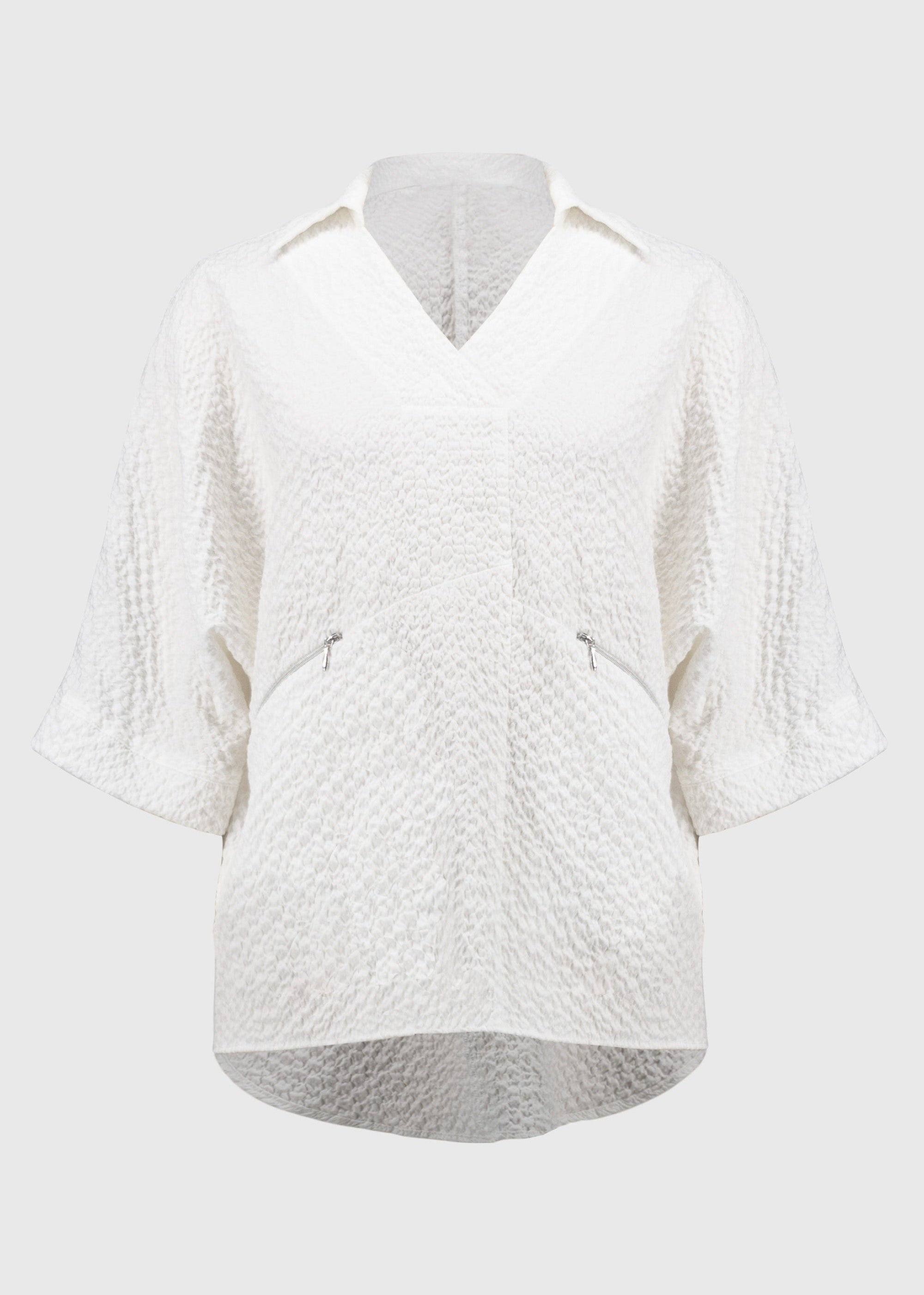 front view of plus size Joseph Ribkoff Seersucker Boxy Hi-Lo top in White